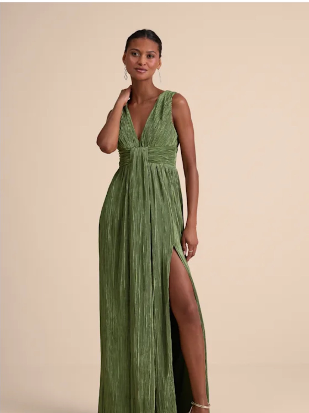 Lulu's Olive Green V-Neck Maxi Gown With Side Slit